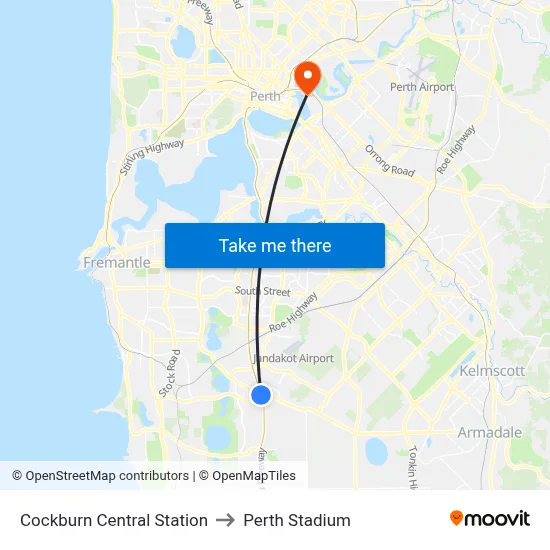 Cockburn Central Station to Perth Stadium map