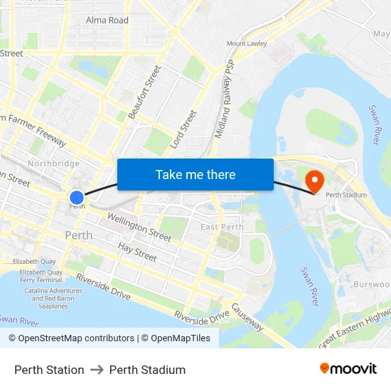 Perth Station to Perth Stadium map