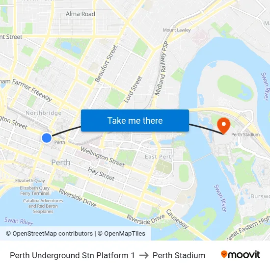 Perth Underground Stn Platform 1 to Perth Stadium map