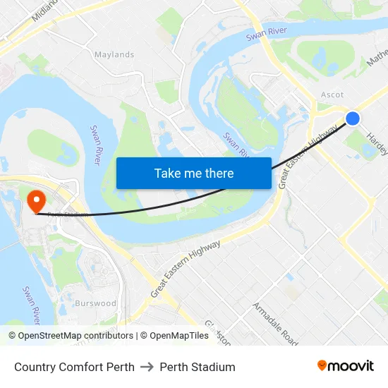 Country Comfort Perth to Perth Stadium map