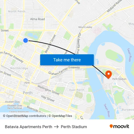 Batavia Apartments Perth to Perth Stadium map