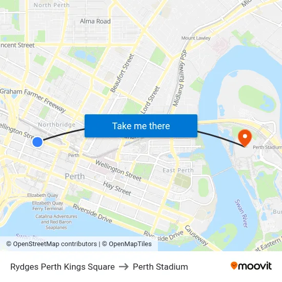 Rydges Perth Kings Square to Perth Stadium map