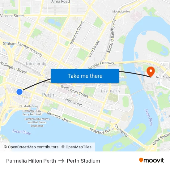 Parmelia Hilton Perth to Perth Stadium map