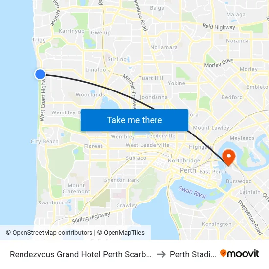 Rendezvous Grand Hotel Perth Scarborough to Perth Stadium map