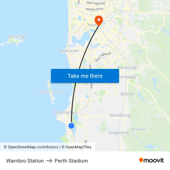 Warnbro Station to Perth Stadium map