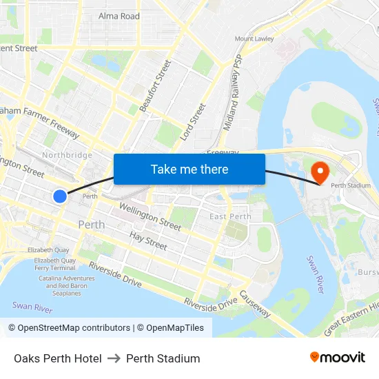 Oaks Perth Hotel to Perth Stadium map