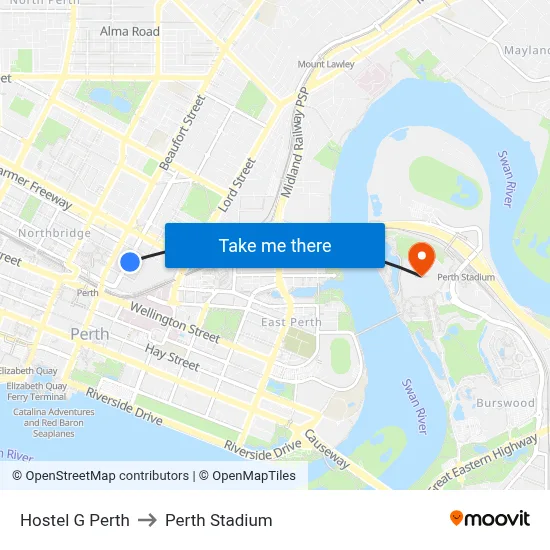 Hostel G Perth to Perth Stadium map