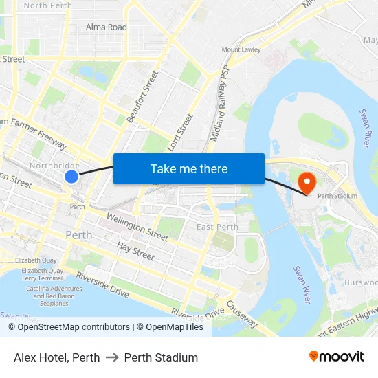 Alex Hotel, Perth to Perth Stadium map