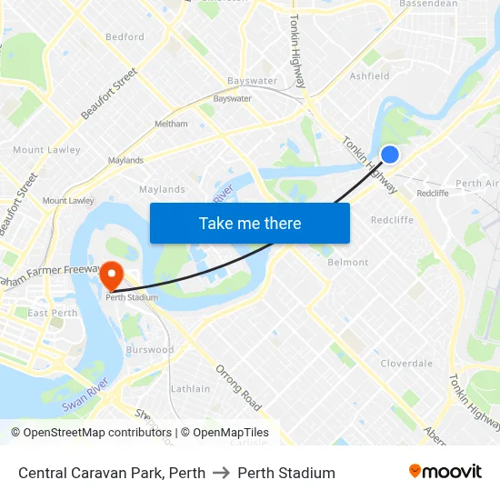 Central Caravan Park, Perth to Perth Stadium map