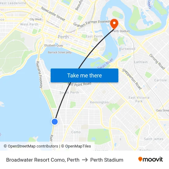 Broadwater Resort Como, Perth to Perth Stadium map