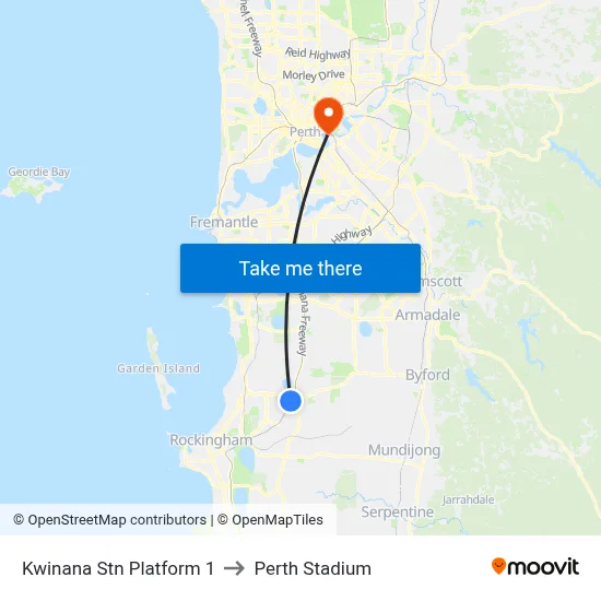 Kwinana Stn Platform 1 to Perth Stadium map