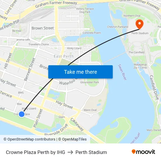 Crowne Plaza Perth by IHG to Perth Stadium map