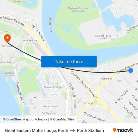 Great Eastern Motor Lodge, Perth to Perth Stadium map