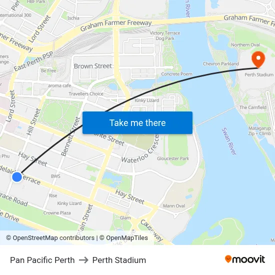 Pan Pacific Perth to Perth Stadium map