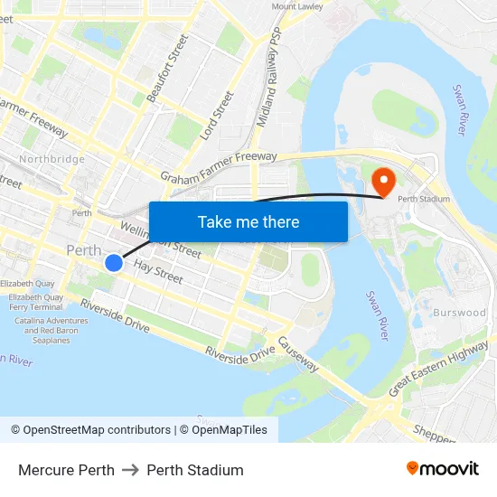 Mercure Perth to Perth Stadium map