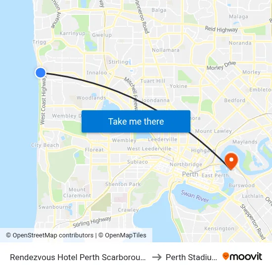 Rendezvous Hotel Perth Scarborough to Perth Stadium map