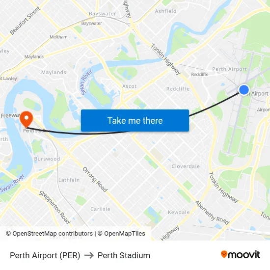 Perth Airport (PER) to Perth Stadium map