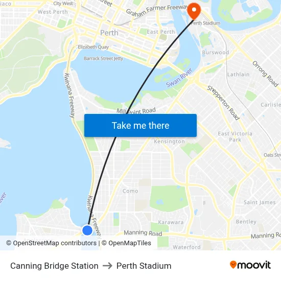 Canning Bridge Station to Perth Stadium map