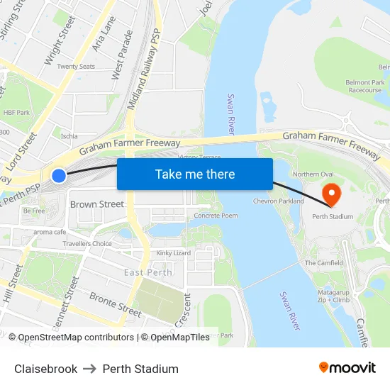 Claisebrook to Perth Stadium map