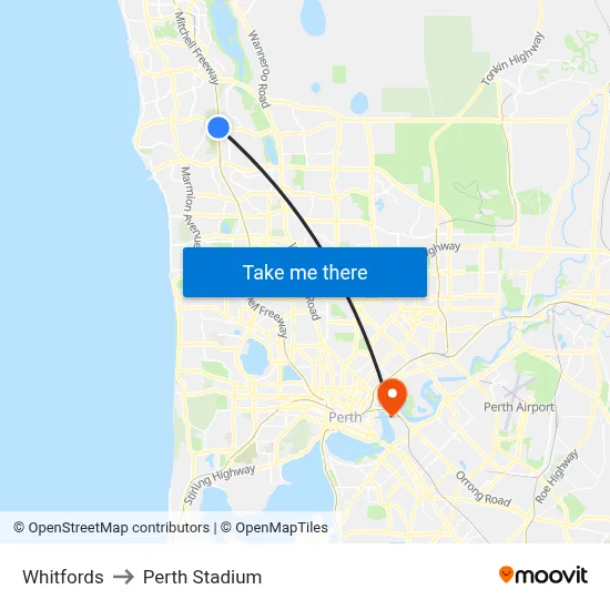 Whitfords to Perth Stadium map