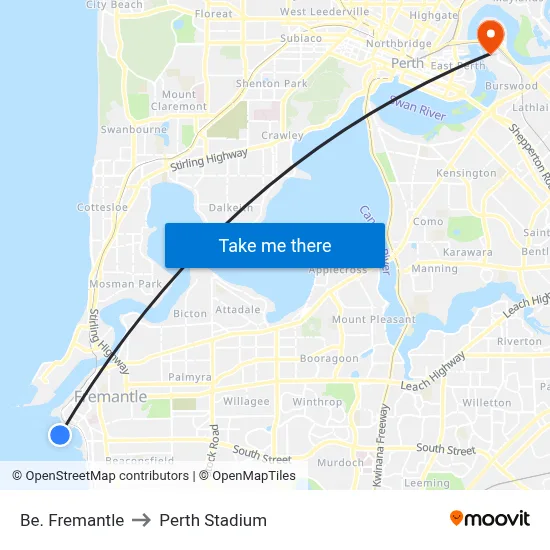Be. Fremantle to Perth Stadium map