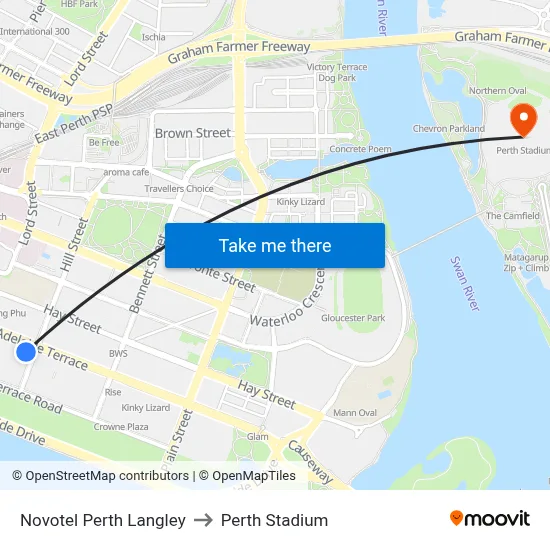 Novotel Perth Langley to Perth Stadium map