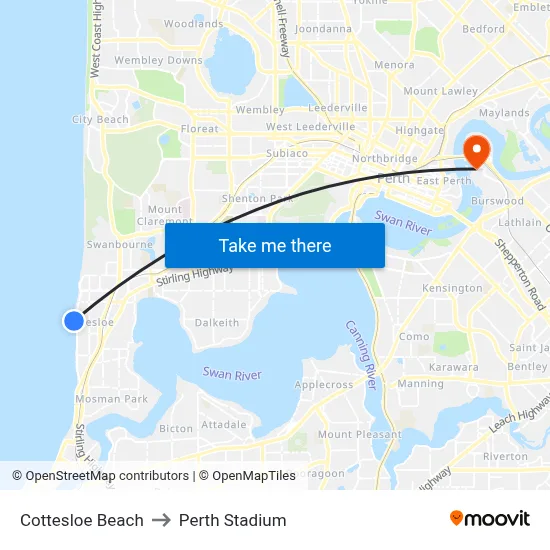 Cottesloe Beach to Perth Stadium map