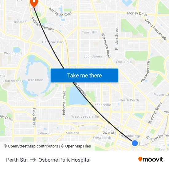 Perth Stn to Osborne Park Hospital map