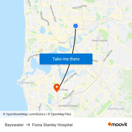 Bayswater to Fiona Stanley Hospital map