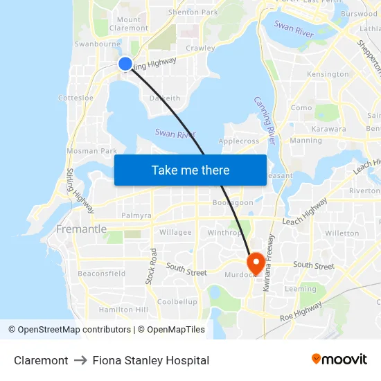 Claremont to Fiona Stanley Hospital map