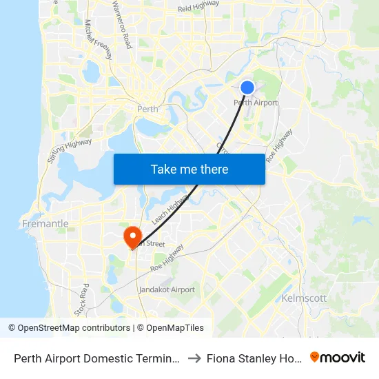 Perth Airport Domestic Terminal T3 T4 to Fiona Stanley Hospital map