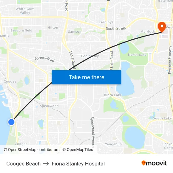 Coogee Beach to Fiona Stanley Hospital map