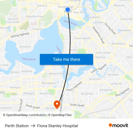 Perth Station to Fiona Stanley Hospital map