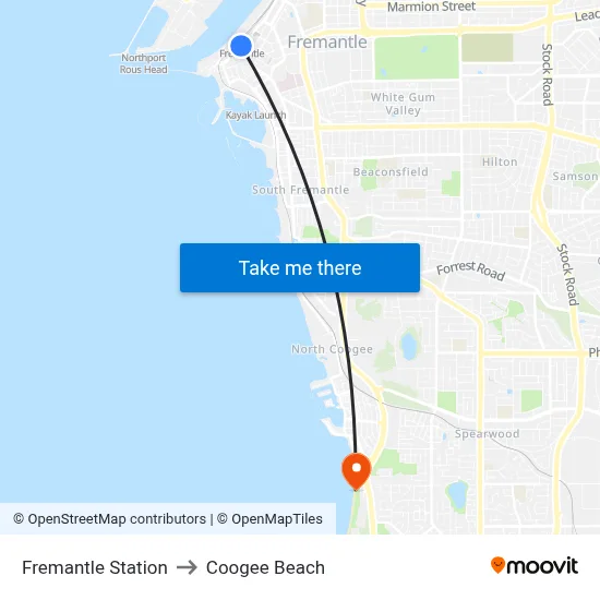 Fremantle Station to Coogee Beach map