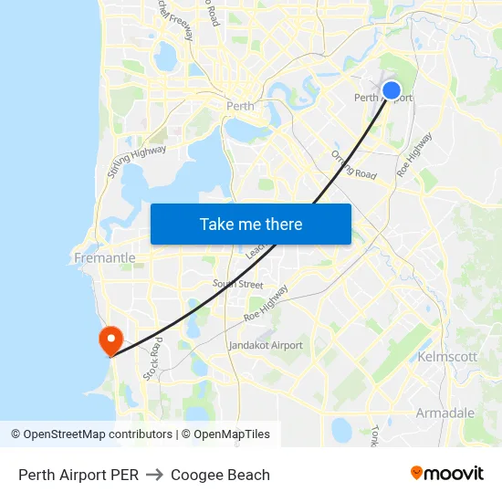 Perth Airport PER to Coogee Beach map