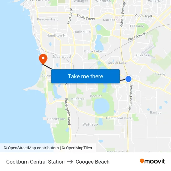 Cockburn Central Station to Coogee Beach map