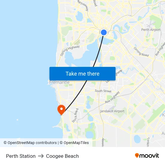 Perth Station to Coogee Beach map