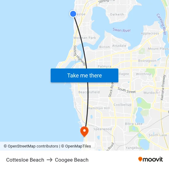 Cottesloe Beach to Coogee Beach map