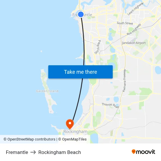 Fremantle to Rockingham Beach map