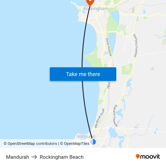 Mandurah to Rockingham Beach map