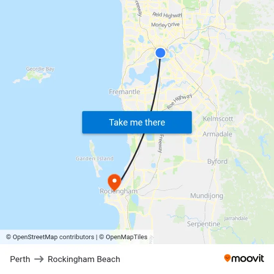 Perth to Rockingham Beach map