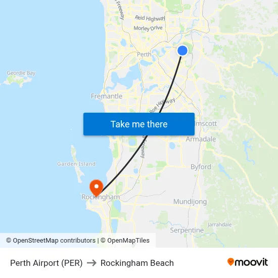 Perth Airport (PER) to Rockingham Beach map