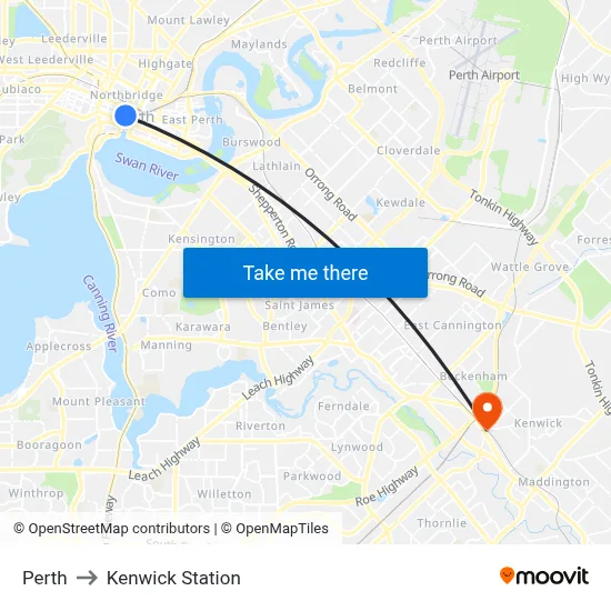 Perth to Kenwick Station map