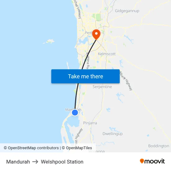 Mandurah to Welshpool Station map