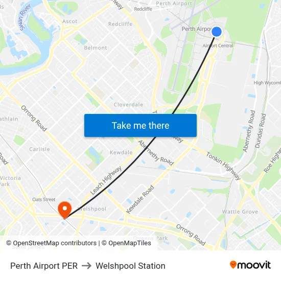 Perth Airport PER to Welshpool Station map