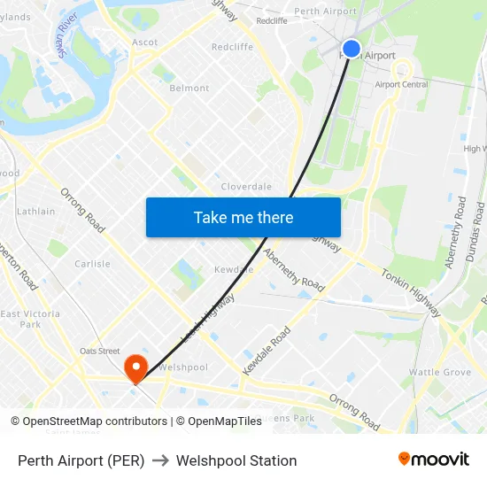 Perth Airport (PER) to Welshpool Station map