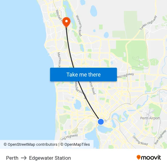 Perth to Edgewater Station map