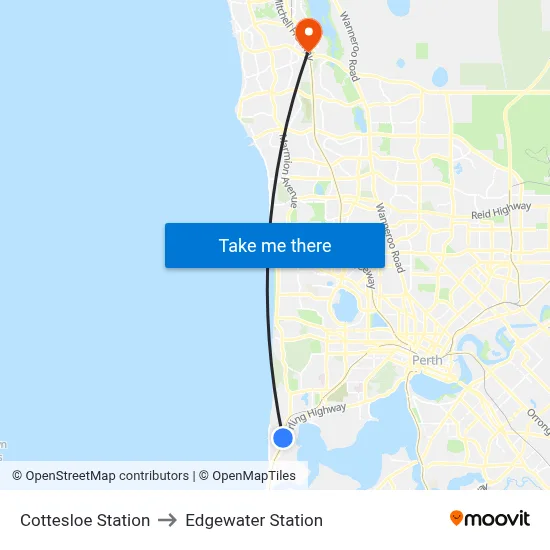 Cottesloe Station to Edgewater Station map