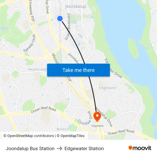 Joondalup Bus Station to Edgewater Station map