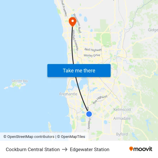 Cockburn Central Station to Edgewater Station map